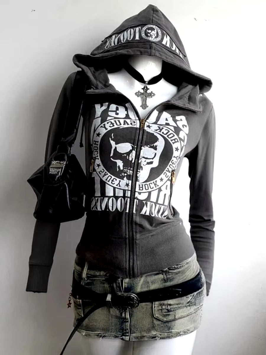 Hoodie Women'S Letter Punk Grunge Print Short Sleeve Vintage Aesthetic Hoodies Y2K Sweatshirts Femme Winter Hooded Zip-Up Coat