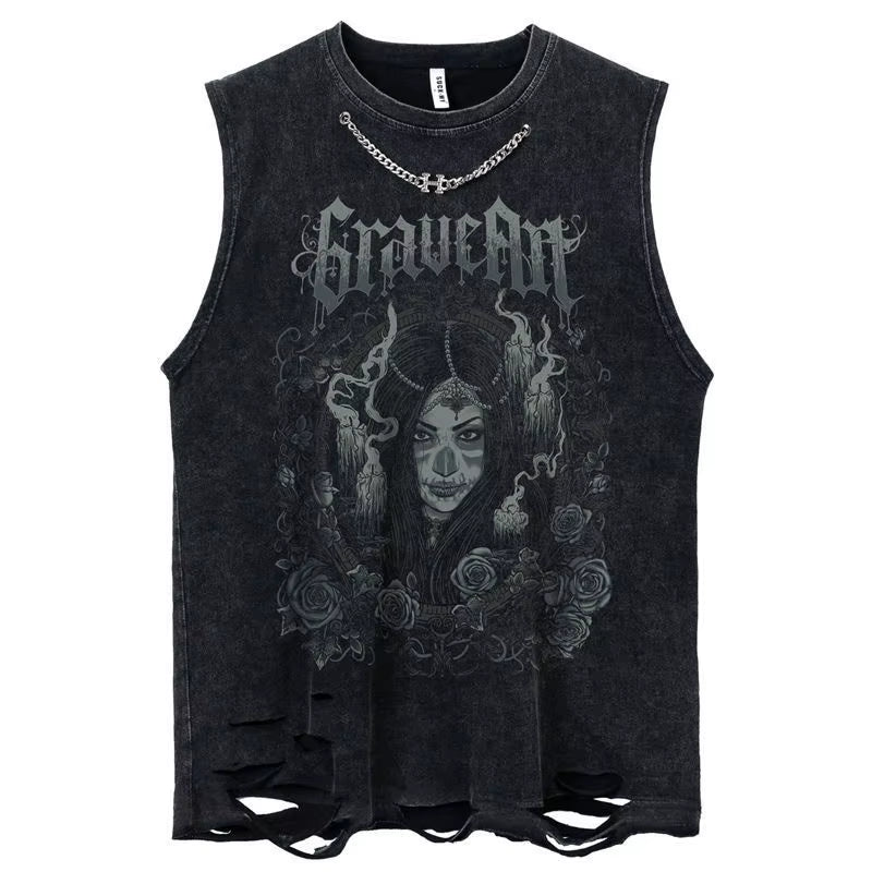 Gothic Emo Vintage Sleeveless Tank Top Y2K American Gothic Graphic Alphabet Printed Vest Hip-Hop Streetwear T-Shirt Men Women