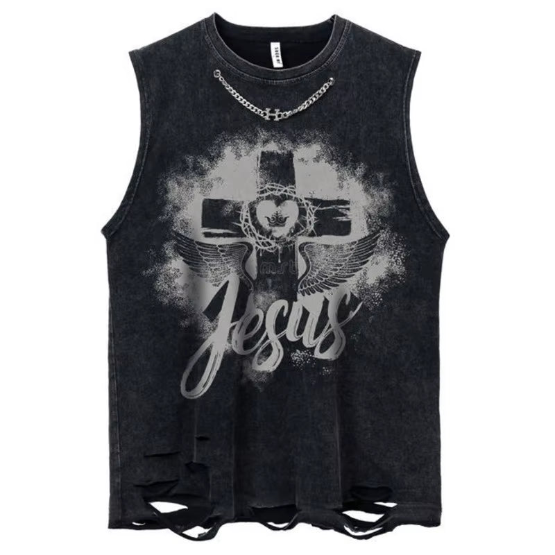 Gothic Emo Vintage Sleeveless Tank Top Y2K American Gothic Graphic Alphabet Printed Vest Hip-Hop Streetwear T-Shirt Men Women