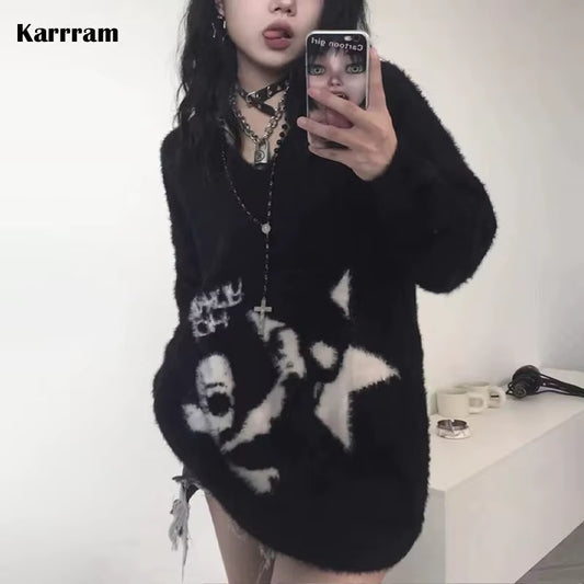 Karrram Gothic Skulls Sweater Grunge Dark Aesthetics Knitted Jumper V-Neck Harajuku Loose Mohair Pullover Emo Alt Knitwear Y2K