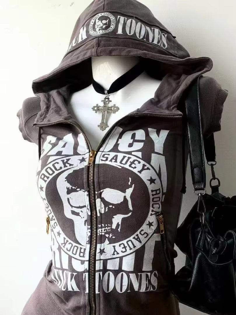 Hoodie Women'S Letter Punk Grunge Print Short Sleeve Vintage Aesthetic Hoodies Y2K Sweatshirts Femme Winter Hooded Zip-Up Coat